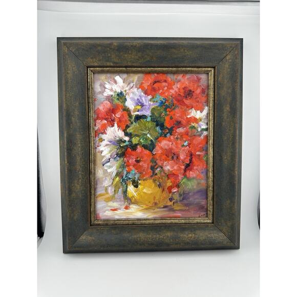 Original Oil Painting Florals Impasto Impressionistic Signed Custom Frame 1990s